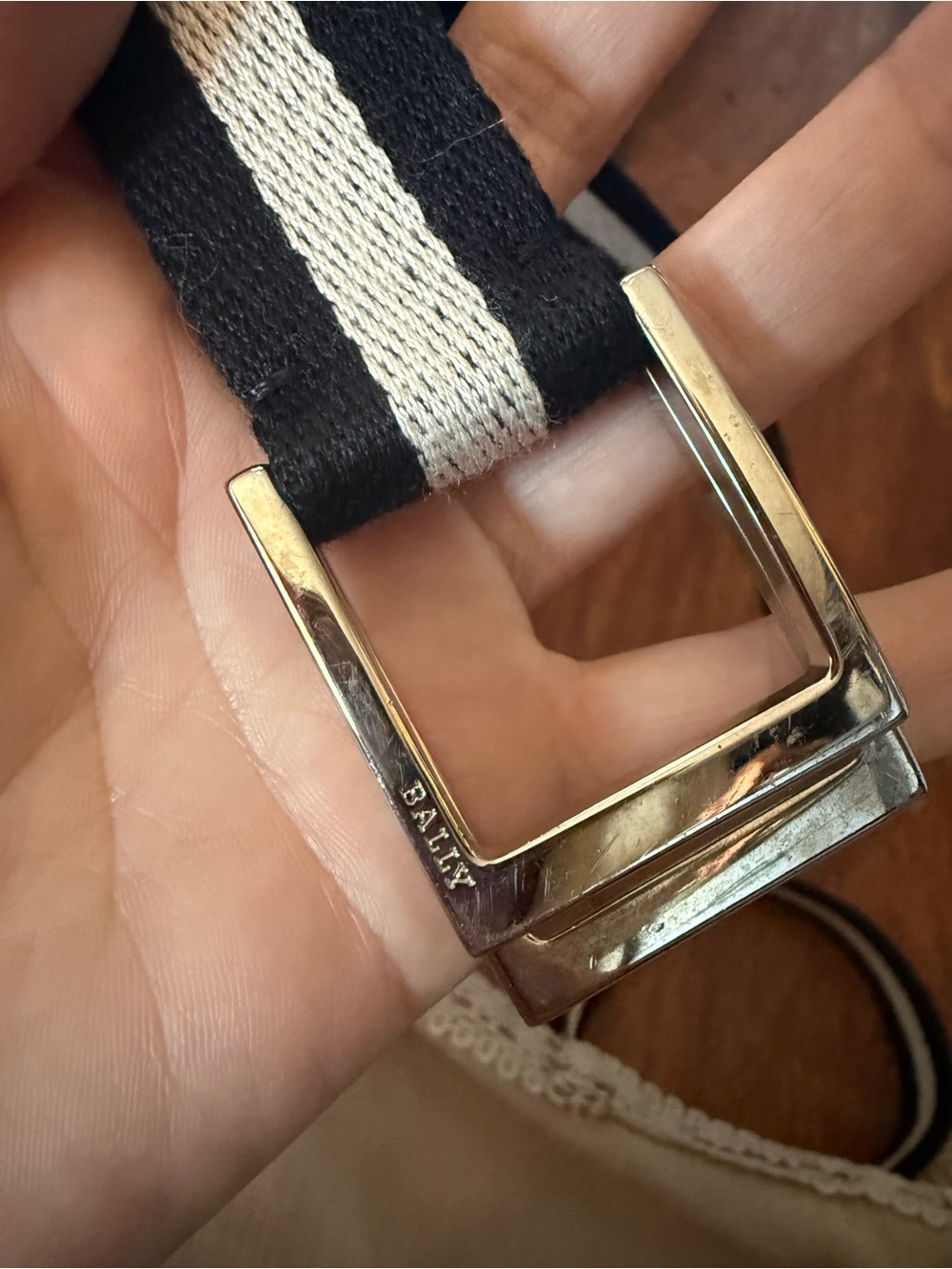 Bally Black with Tan Center Stripe Webbing Belt with Polished Silver Buckle
